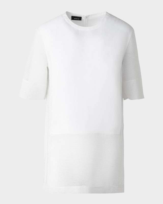 Mixed-Media Linen Striped Organza Short-Sleeve Blouse